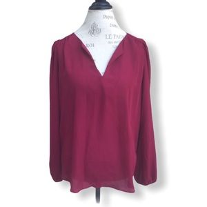 Burgundy Red Semi-Sheer V-Neck Pleated Tunic Top